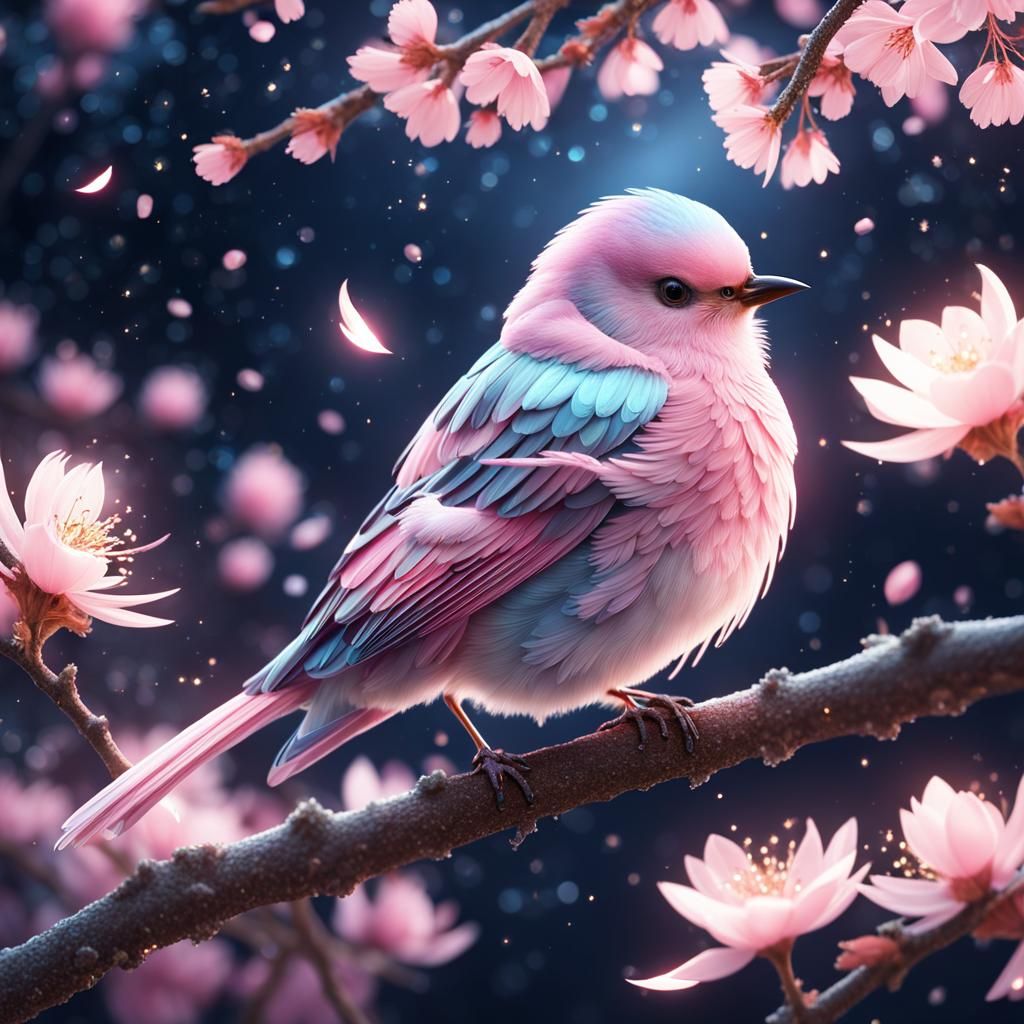 Enchanted Pink Bird on Sakura Tree at Night