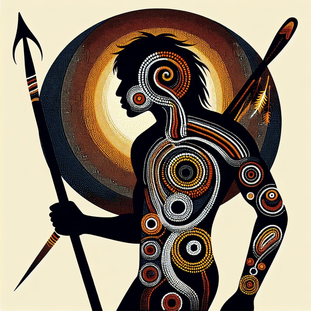 Aboriginal Dot Painting of Indigenous Hunter Silhouette