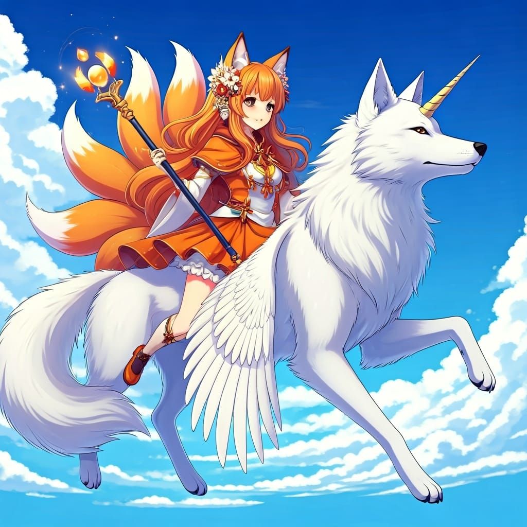 Anime Fox Girl and Winged Wolf in Blue Sky