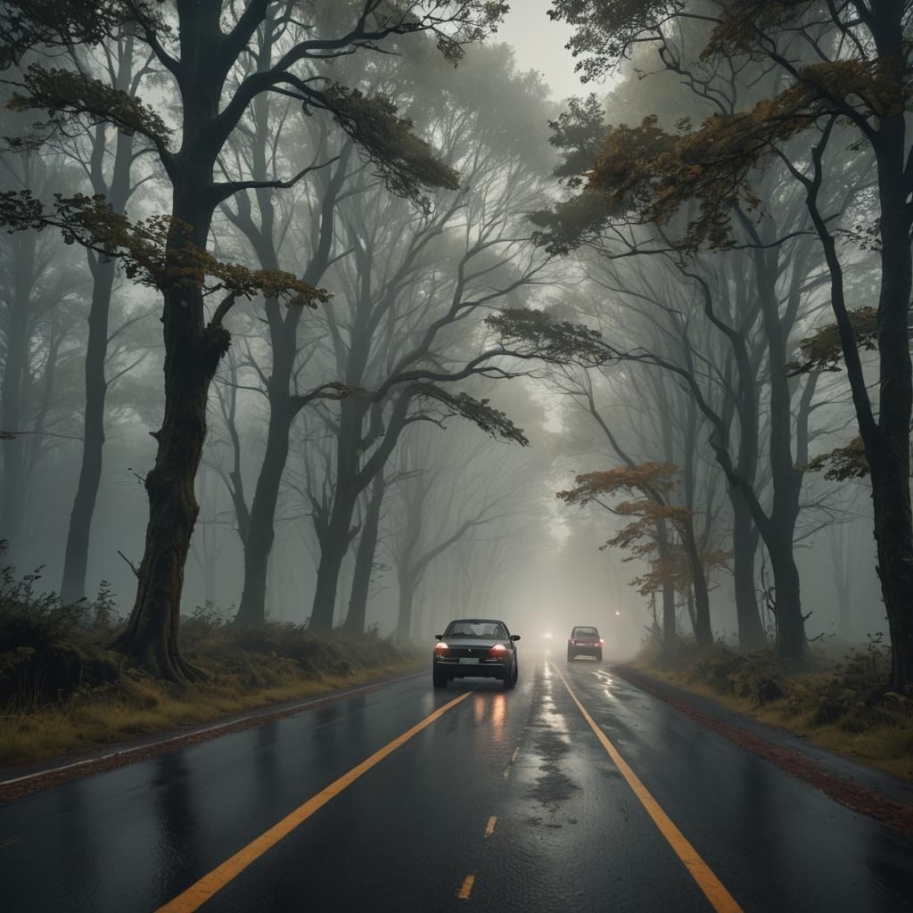 Eerie Car on Foggy Forest Road in Matte Painting Style