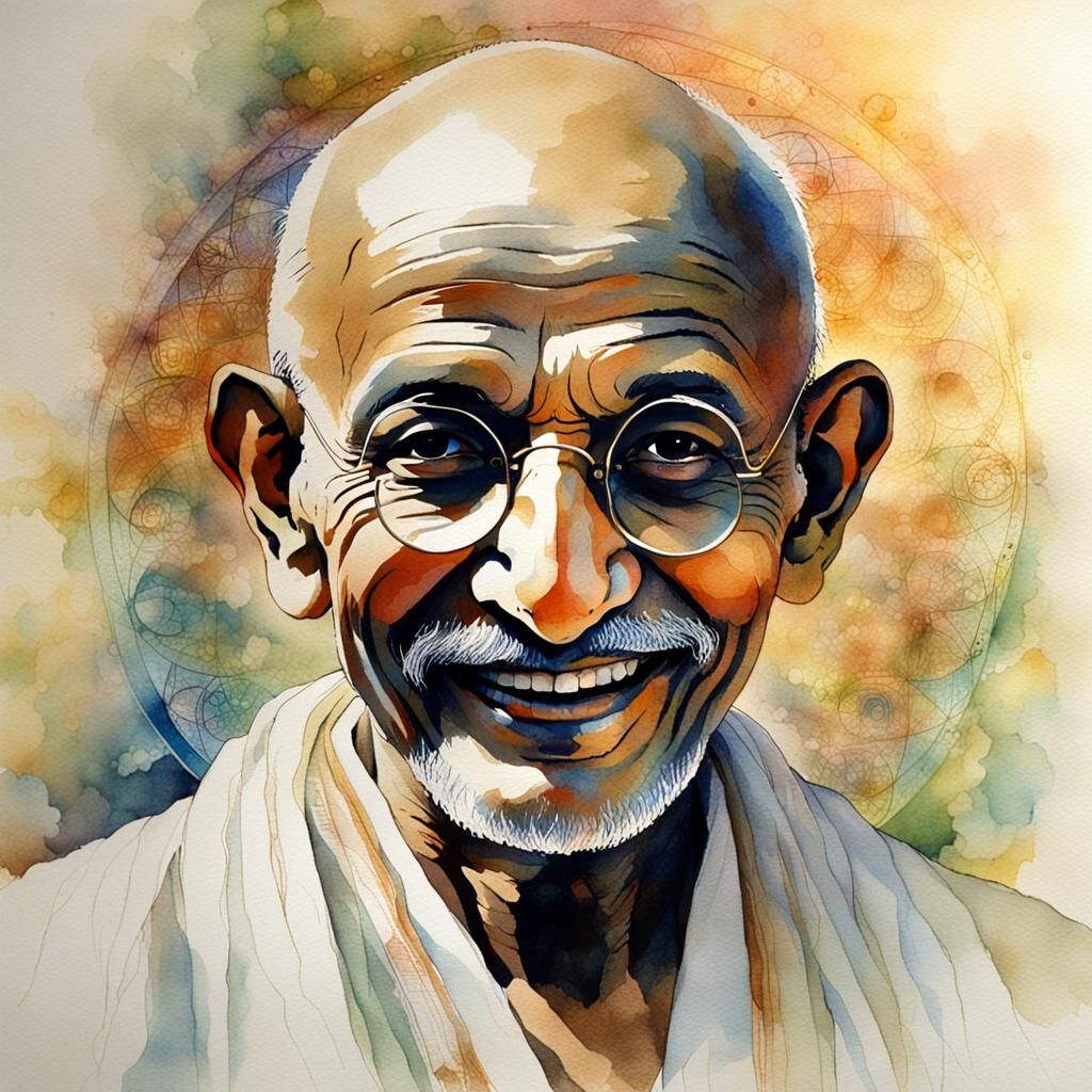 Gandhi Portrait as Watercolor Visionary Art