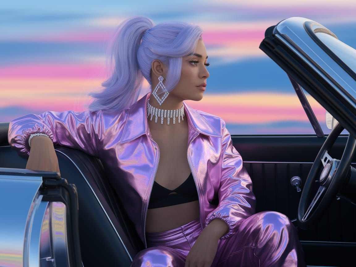 Lavender Haired Woman in a Pastel Sunset Convertible
