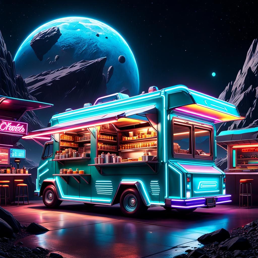 Retrofuturistic Food Truck Diner on Asteroid