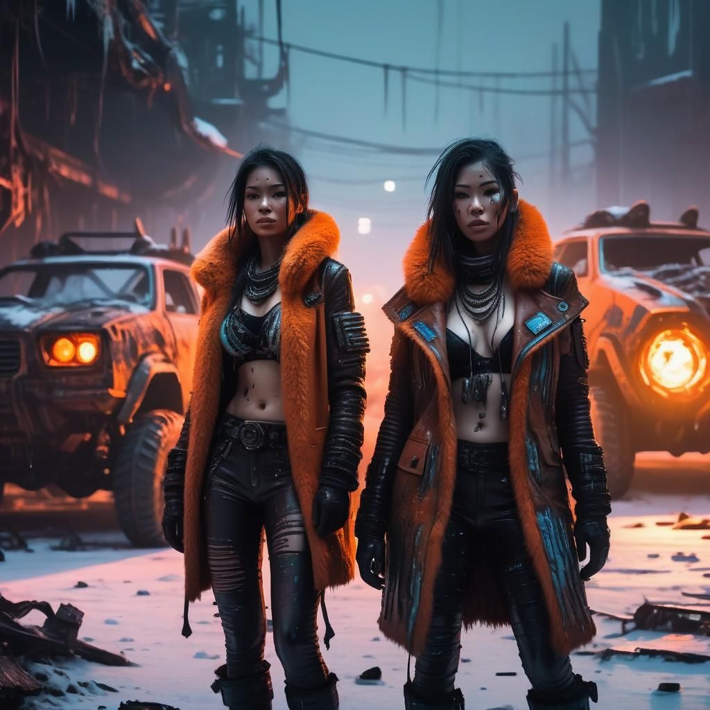 Cyberpunk Women Trek Through Gritty Junkyard Landscape