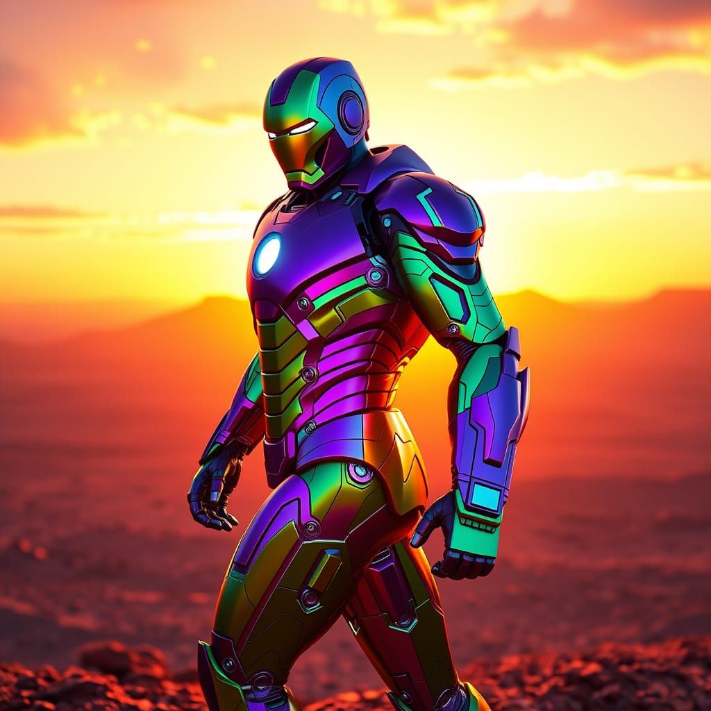 Iron Man in Vibrant Latex Suit Against Martian Sunset