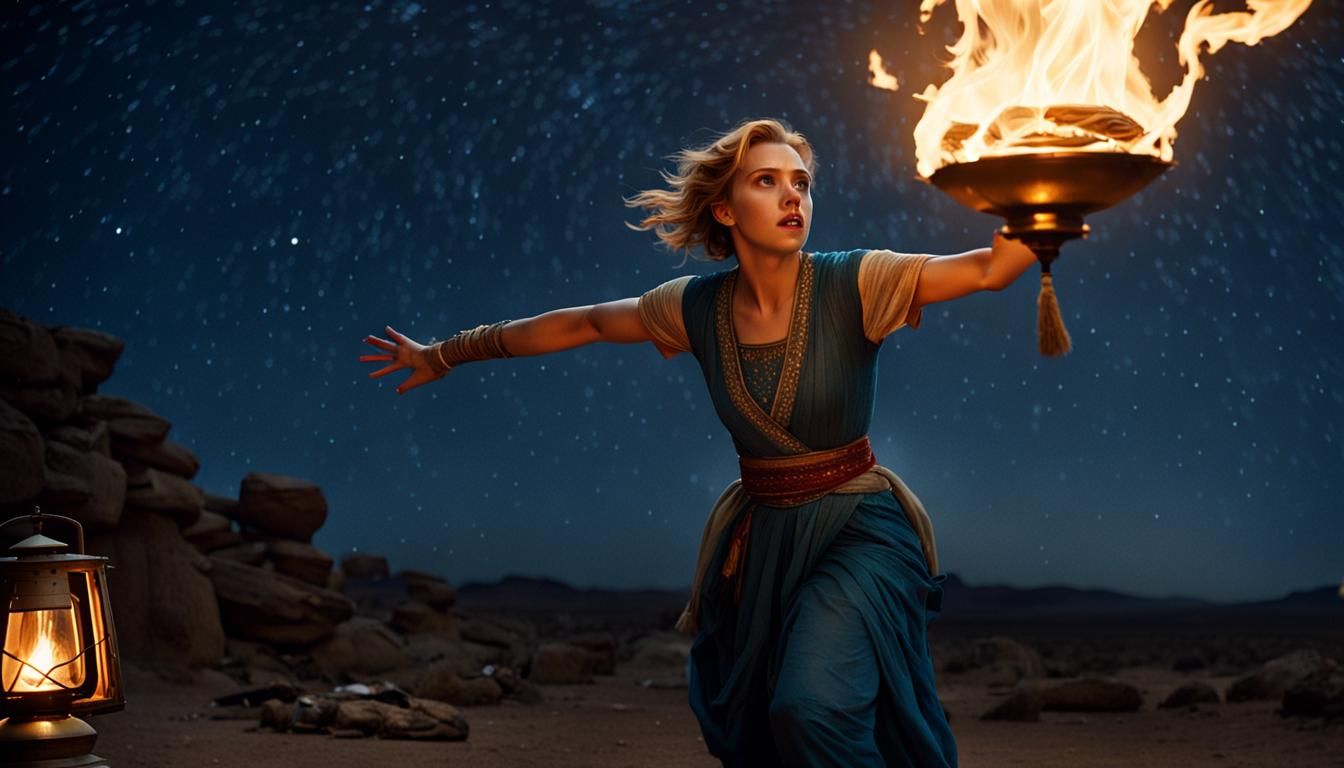 Scarlett Johansson as Jinn Escaping Lamp at Campfire