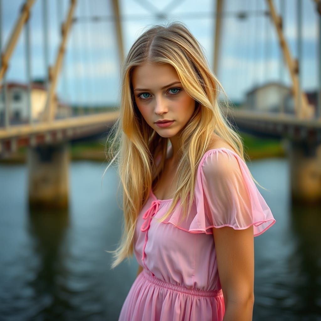Young Blonde Woman Contemplates at a Bridge in Vibrant Color...