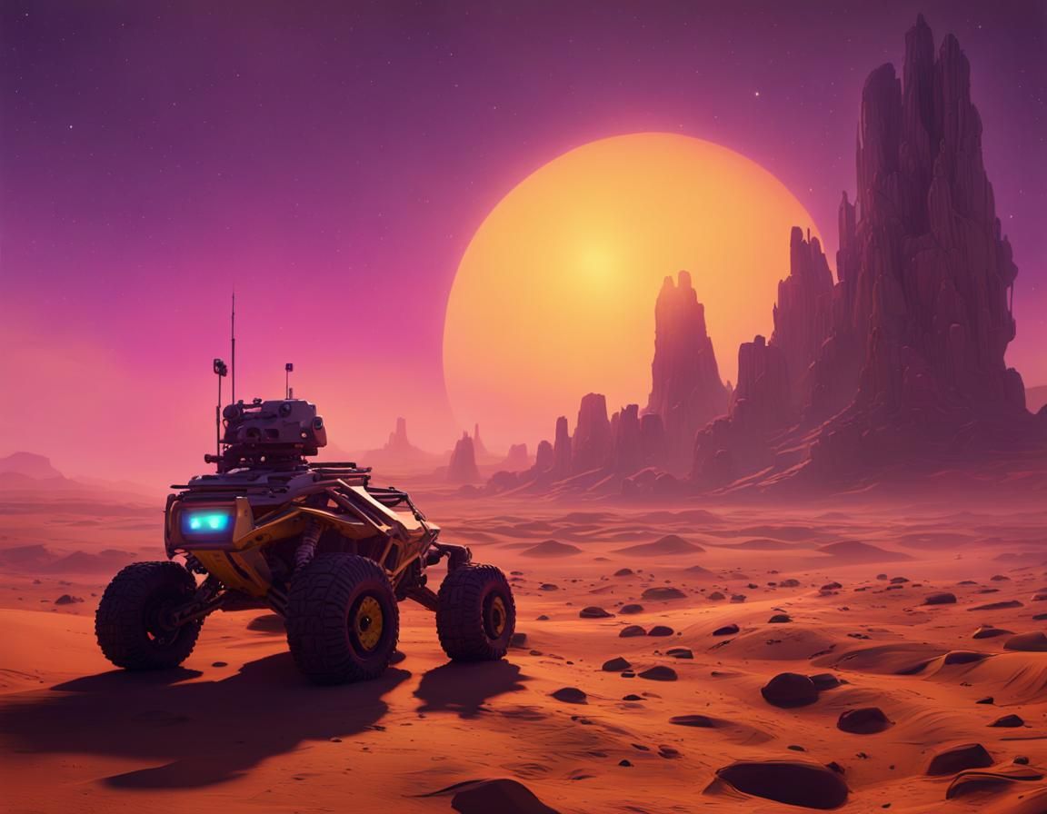 Rover on Mars at Sunset: Dark Fantasy Concept Art