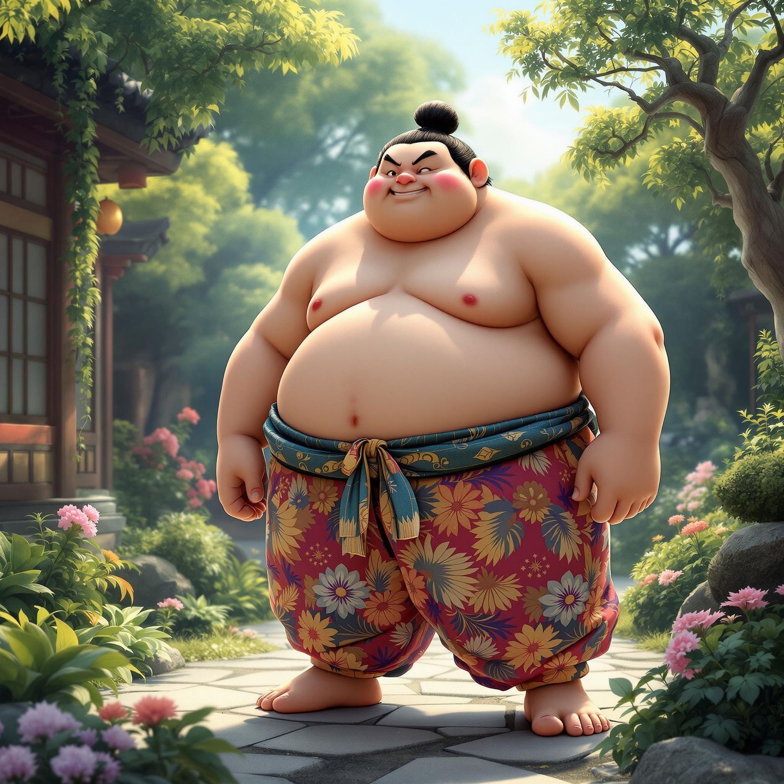 Whimsical Sumo Wrestler in Japanese Garden Setting