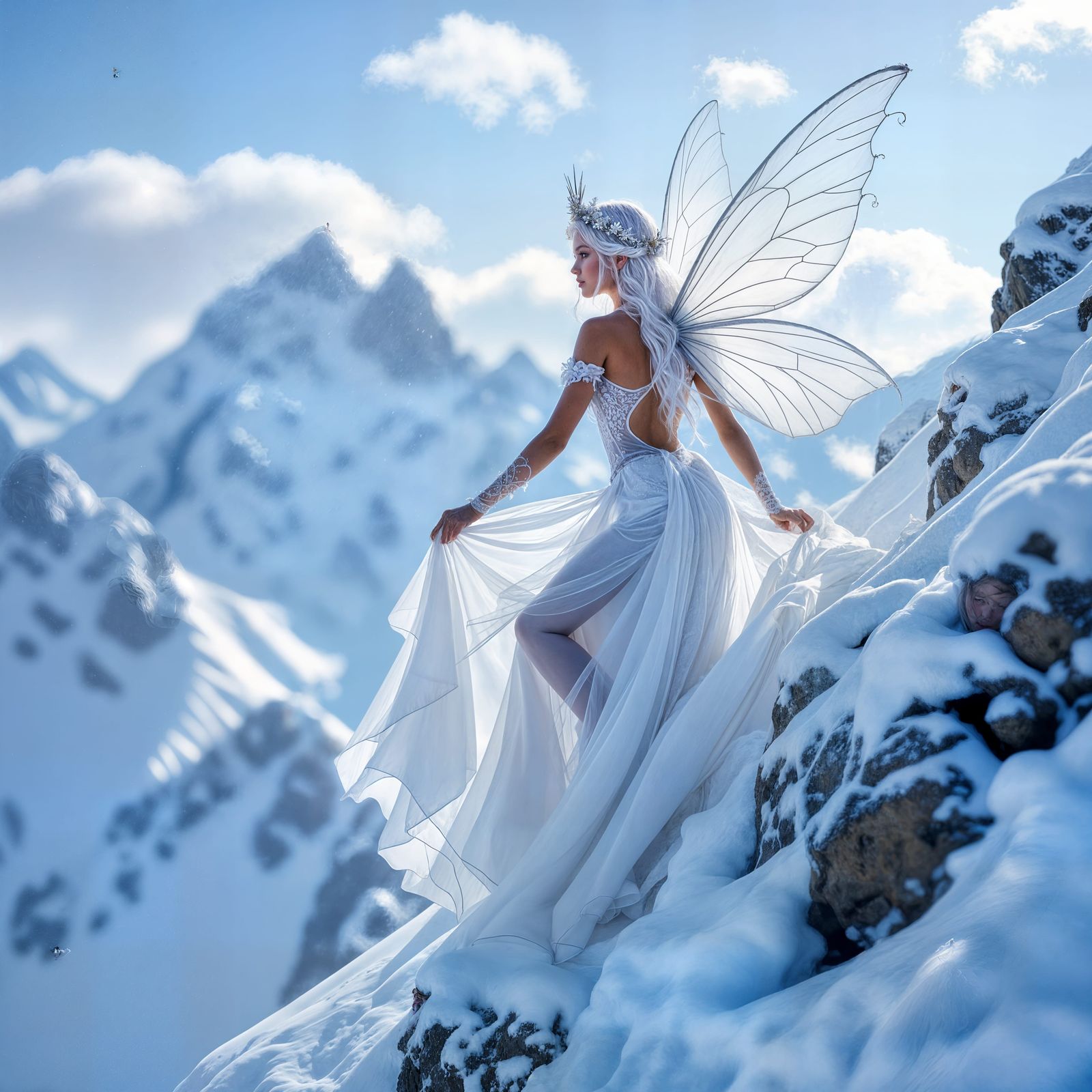 Winter Fairy Princess Climbing Snowy Mountain