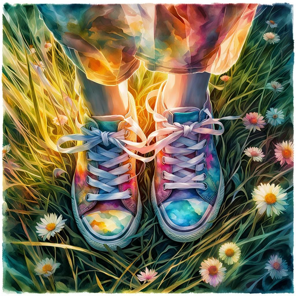 Shoes on Grass: Double Exposure Watercolor Summerscape