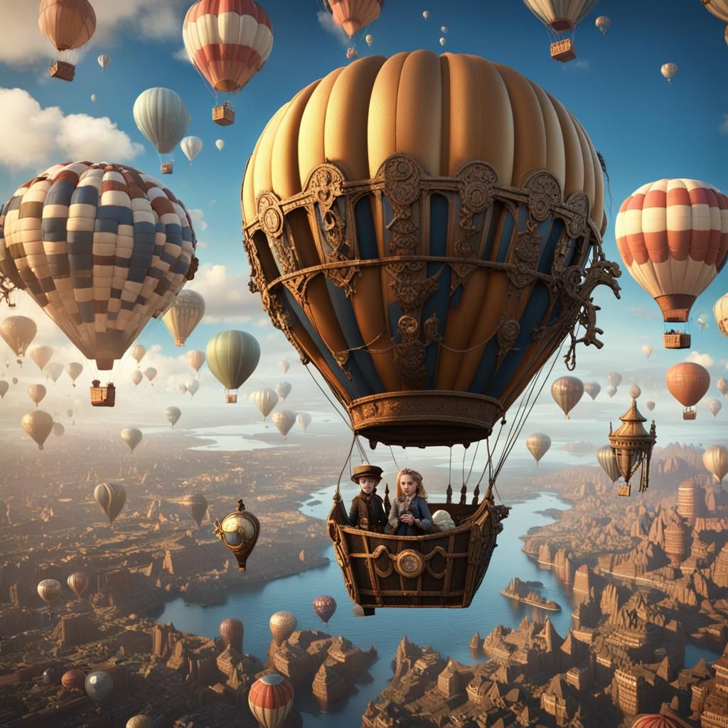 Steampunk Girl in Hot Air Balloon, Detailed Matte Painting