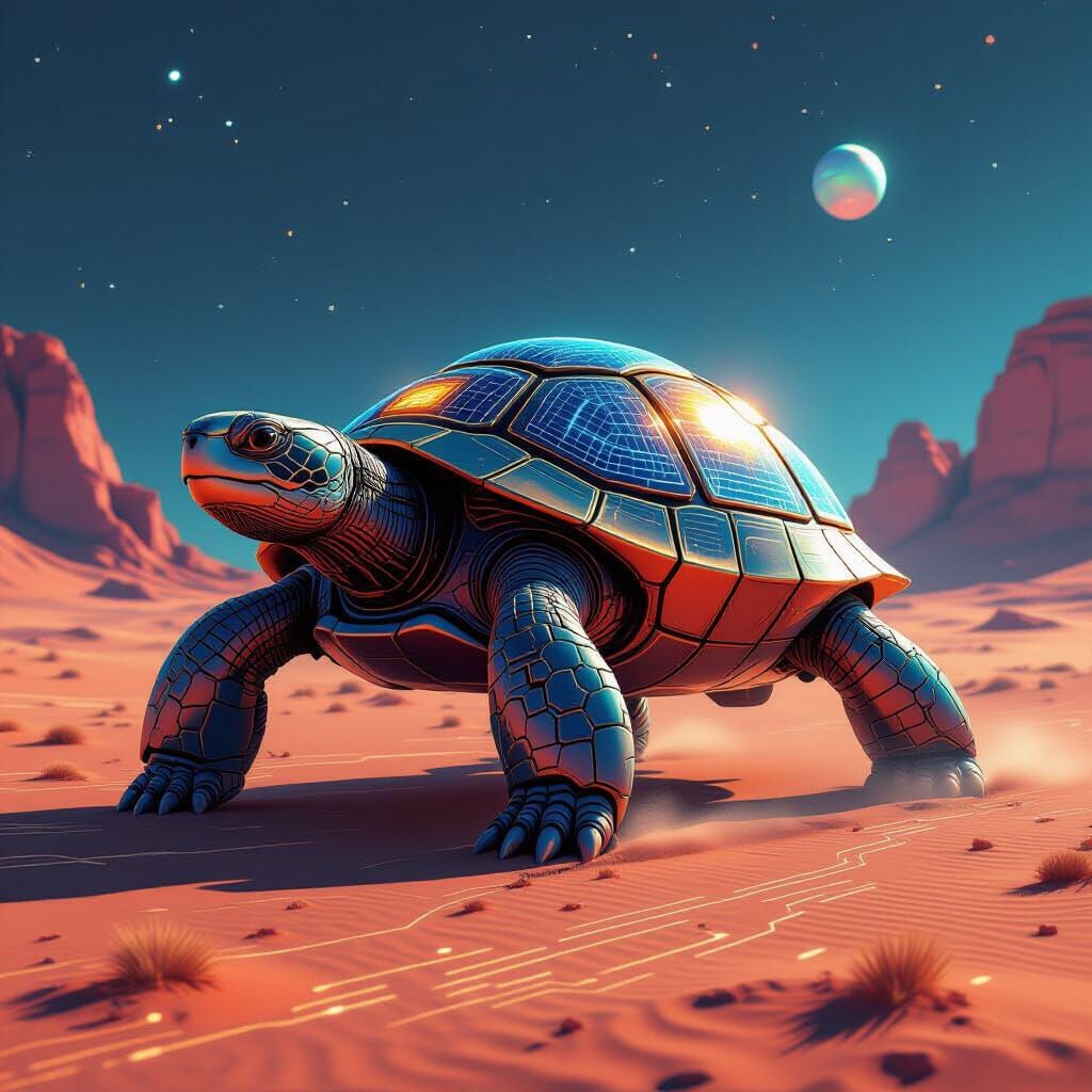 Giant Solar Turtle in Futuristic Cyberpunk Desert