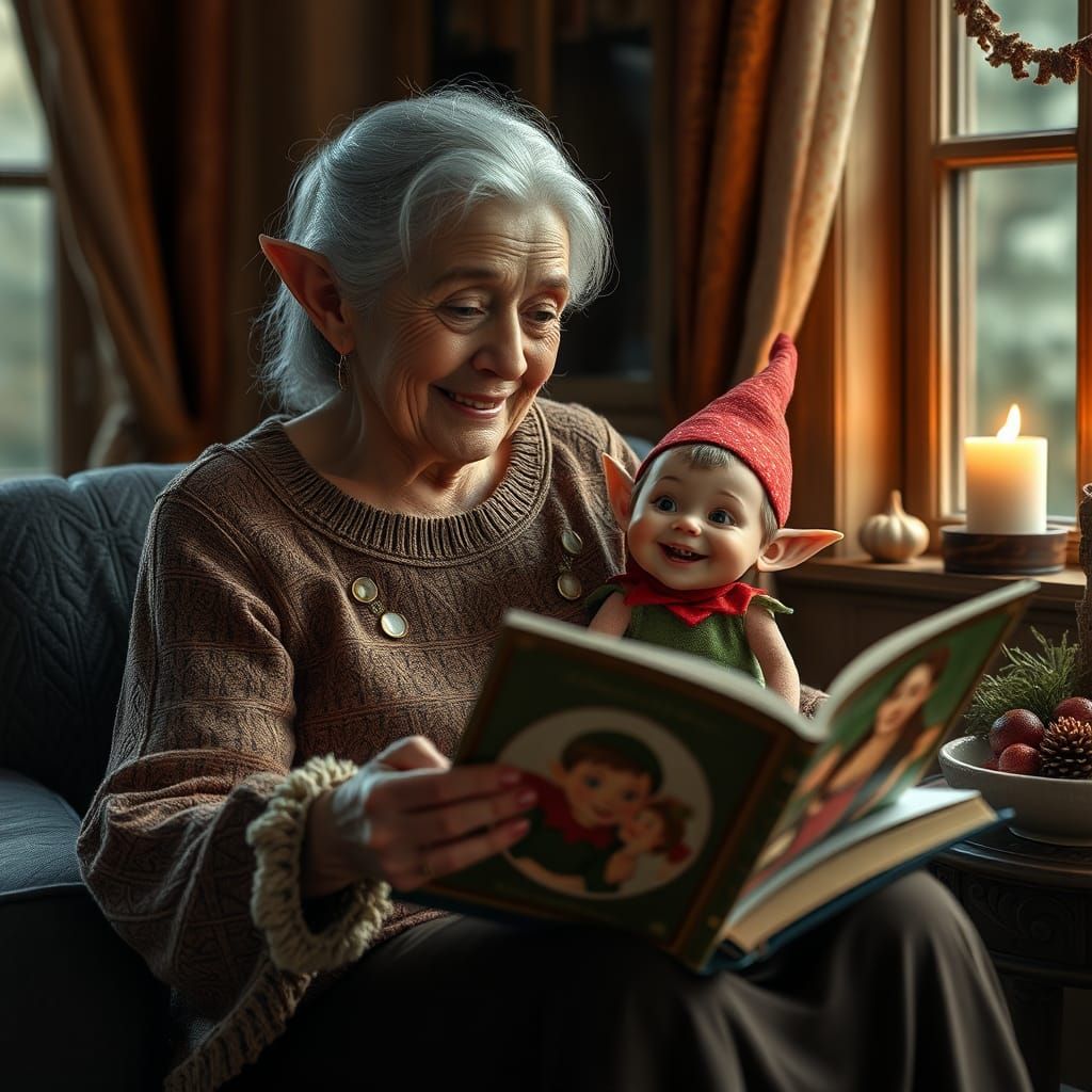 Hyperrealistic Elf Woman Reading to Child