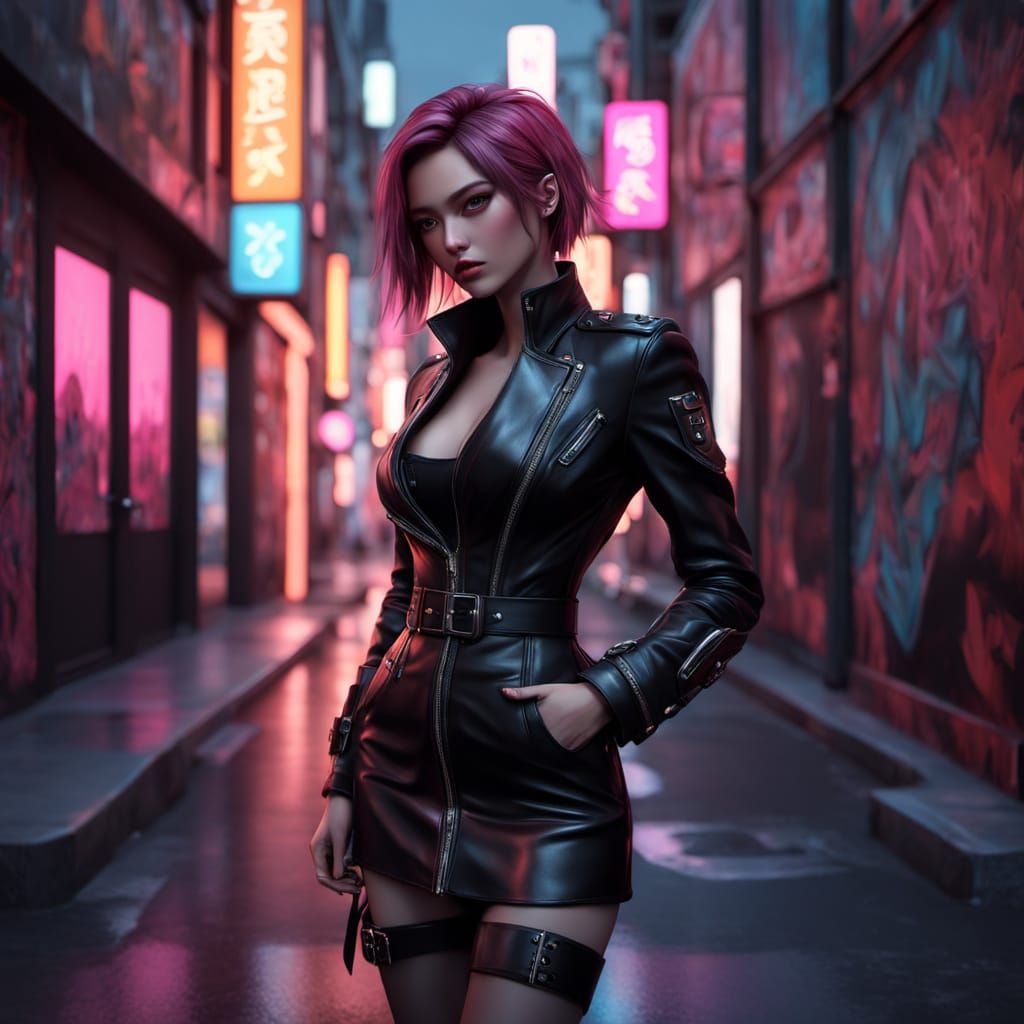 Punk Anime Woman in Leather Amidst Neon City Graffiti