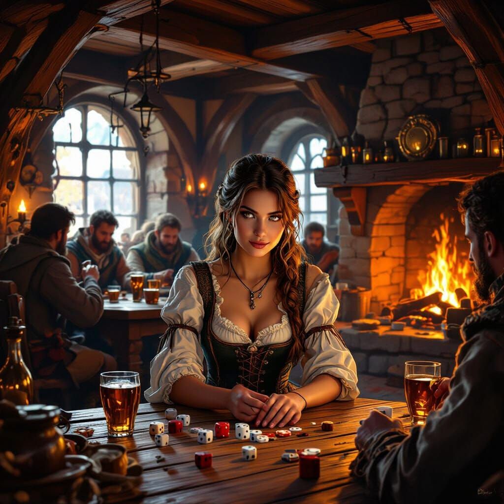 Medieval Tavern Maiden, Detailed Matte Painting