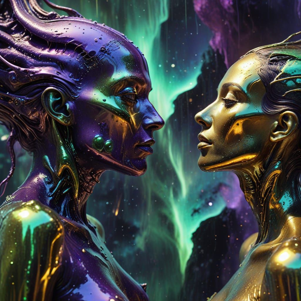 Surreal Sci-Fi Encounter: Women and Aliens in Dreamlike Art