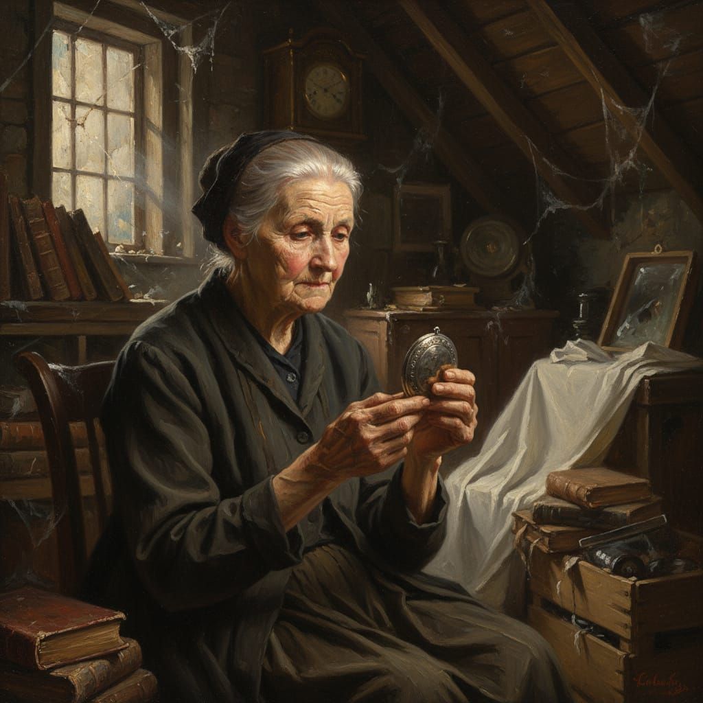 Elderly Woman in Dusty Attic with Locket, Oil Portrait Style