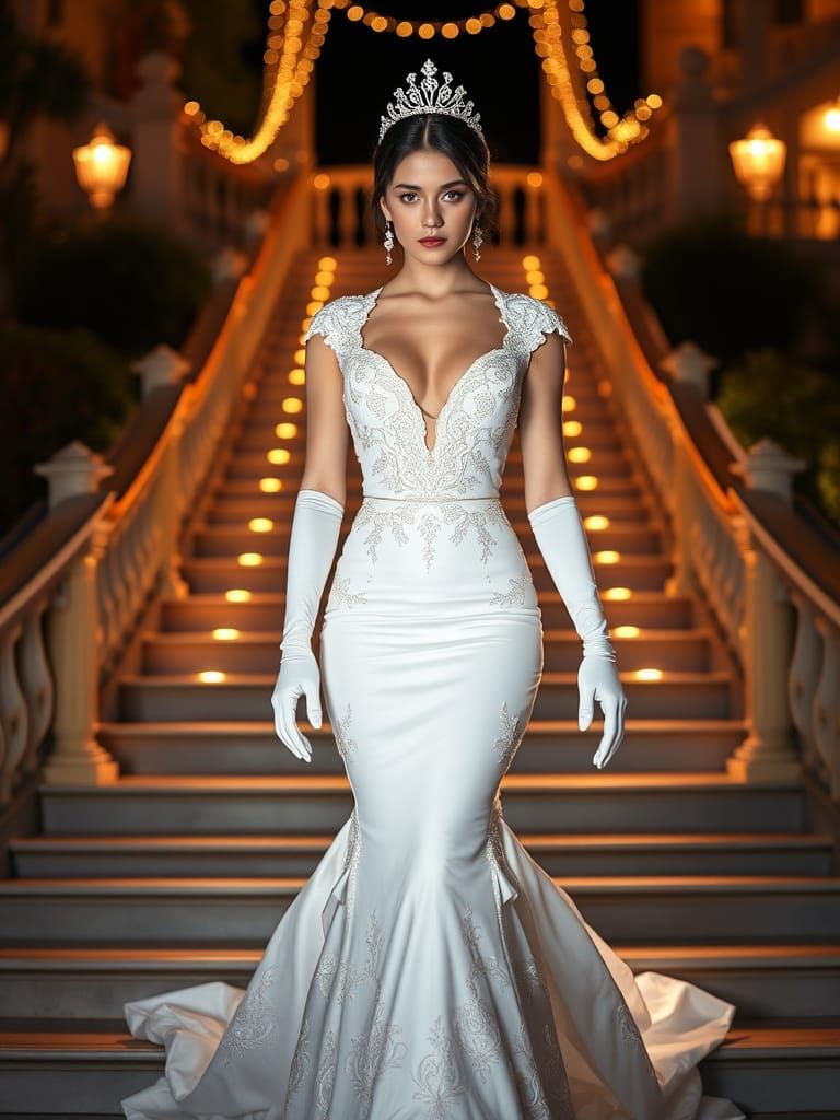 Woman in White Gown on Staircase at Night