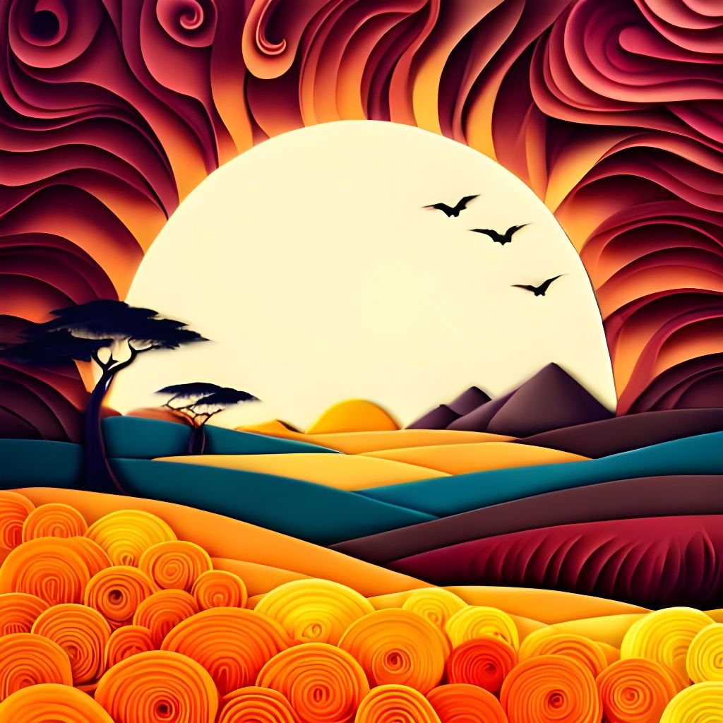 African Sunrise in Surreal Paper Quilling Style