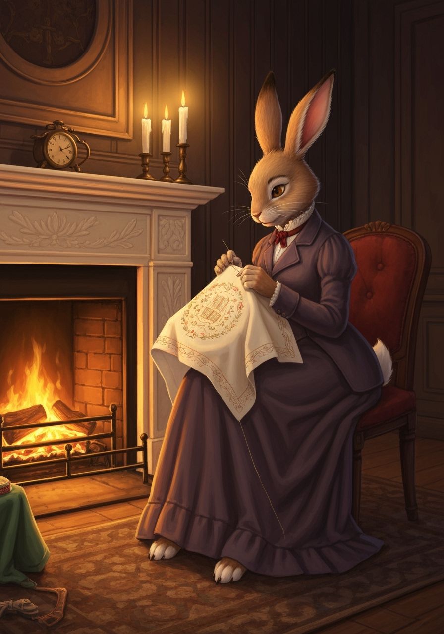 Victorian Rabbit Lady Sewing by Candlelight