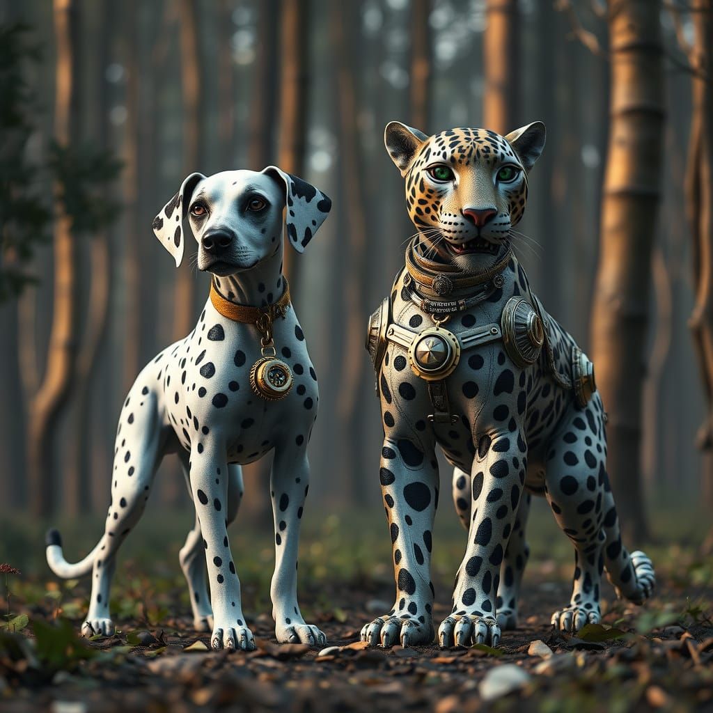 Steampunk Dalmatian and Leopard in Forest