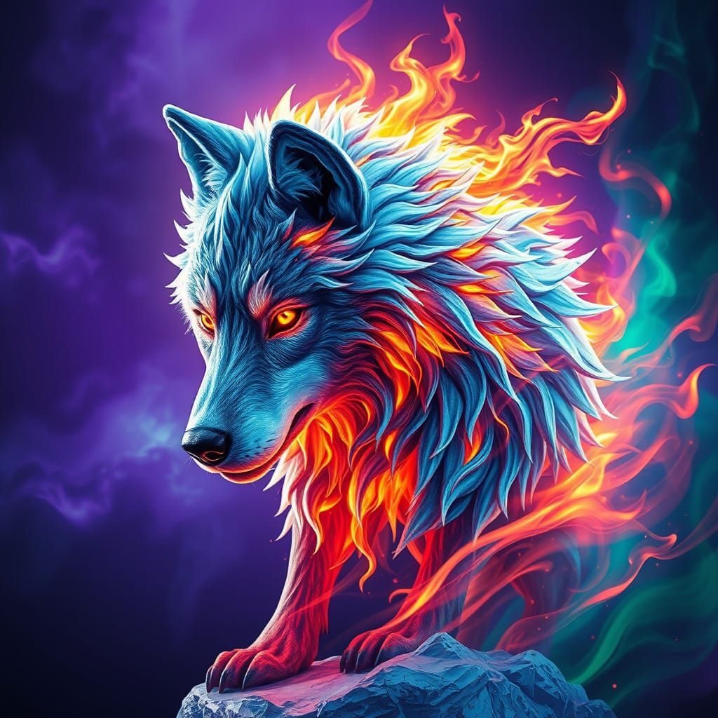 Majestic Wolf in Icy Flames