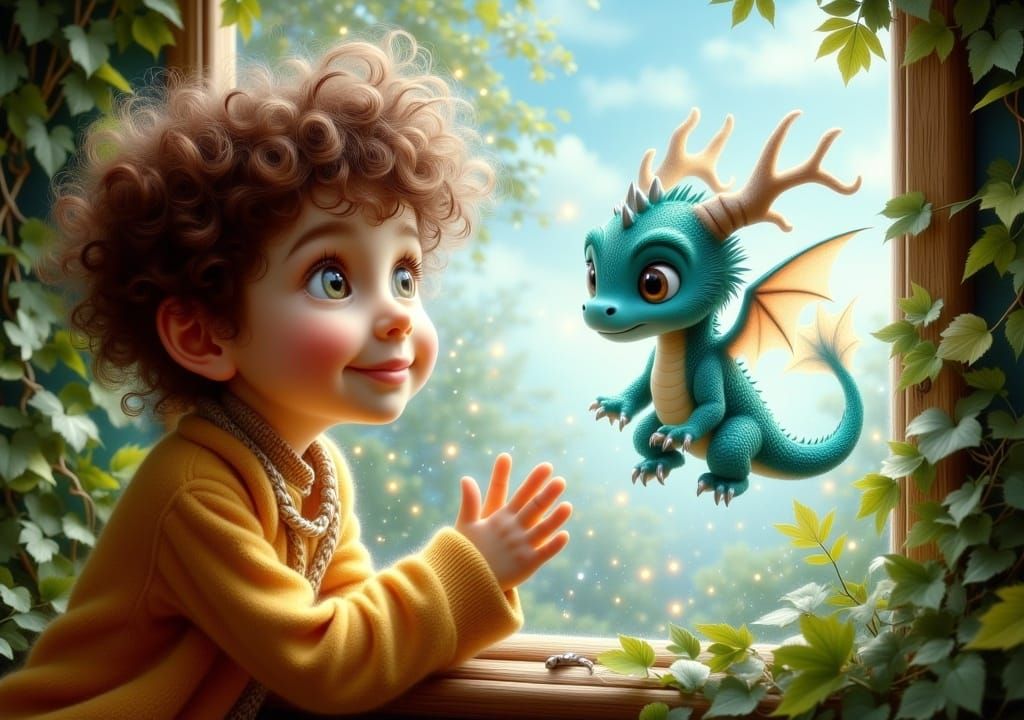 Boy and Dragon in Whimsical Storybook Illustration