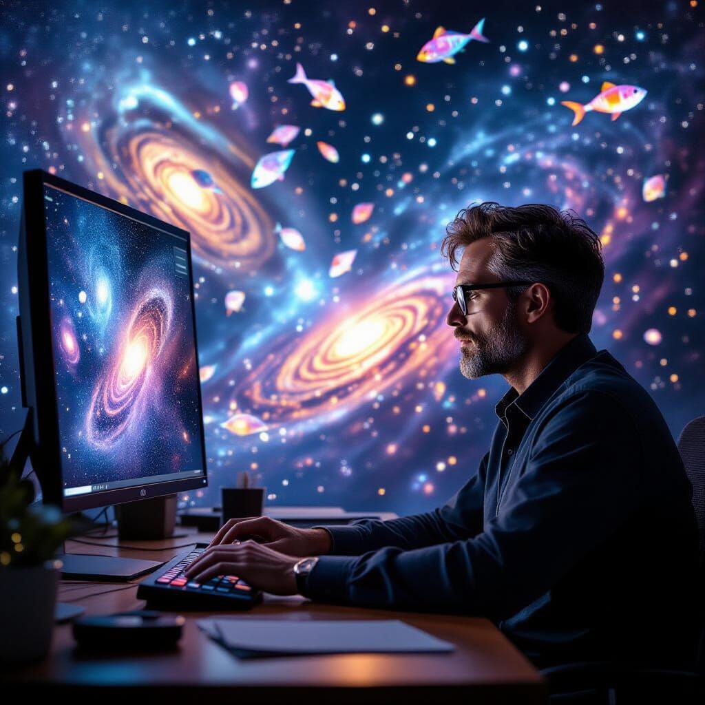 Man's Desk Screen Unleashes Cosmic Universes and Galactic Fi...