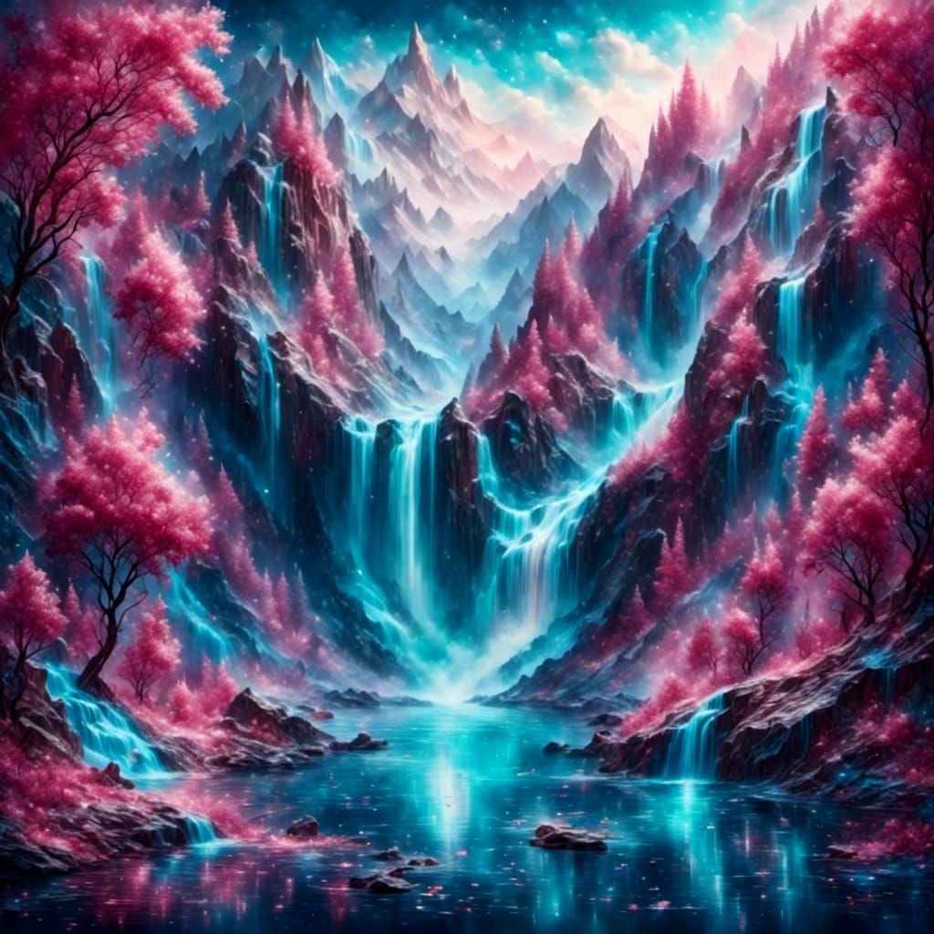 Magical waterfall in bold shades of pink.