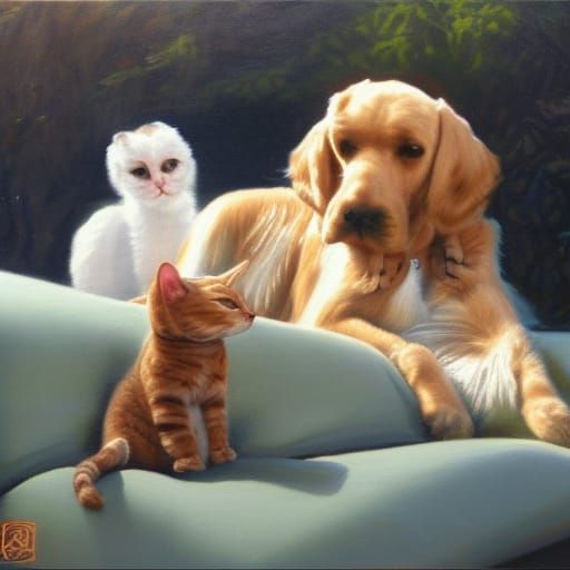 Cat and Dog in Oil Painting Style