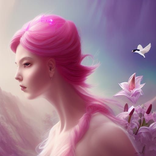 Pink Haired Woman with Lilies and Dove