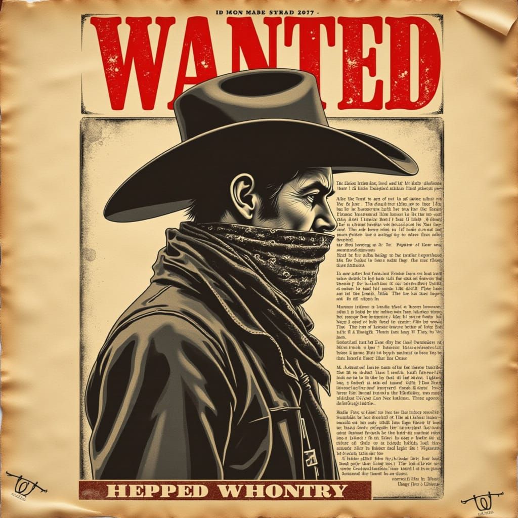 Surreal Wanted Poster of Outlaw on Cracked Paper