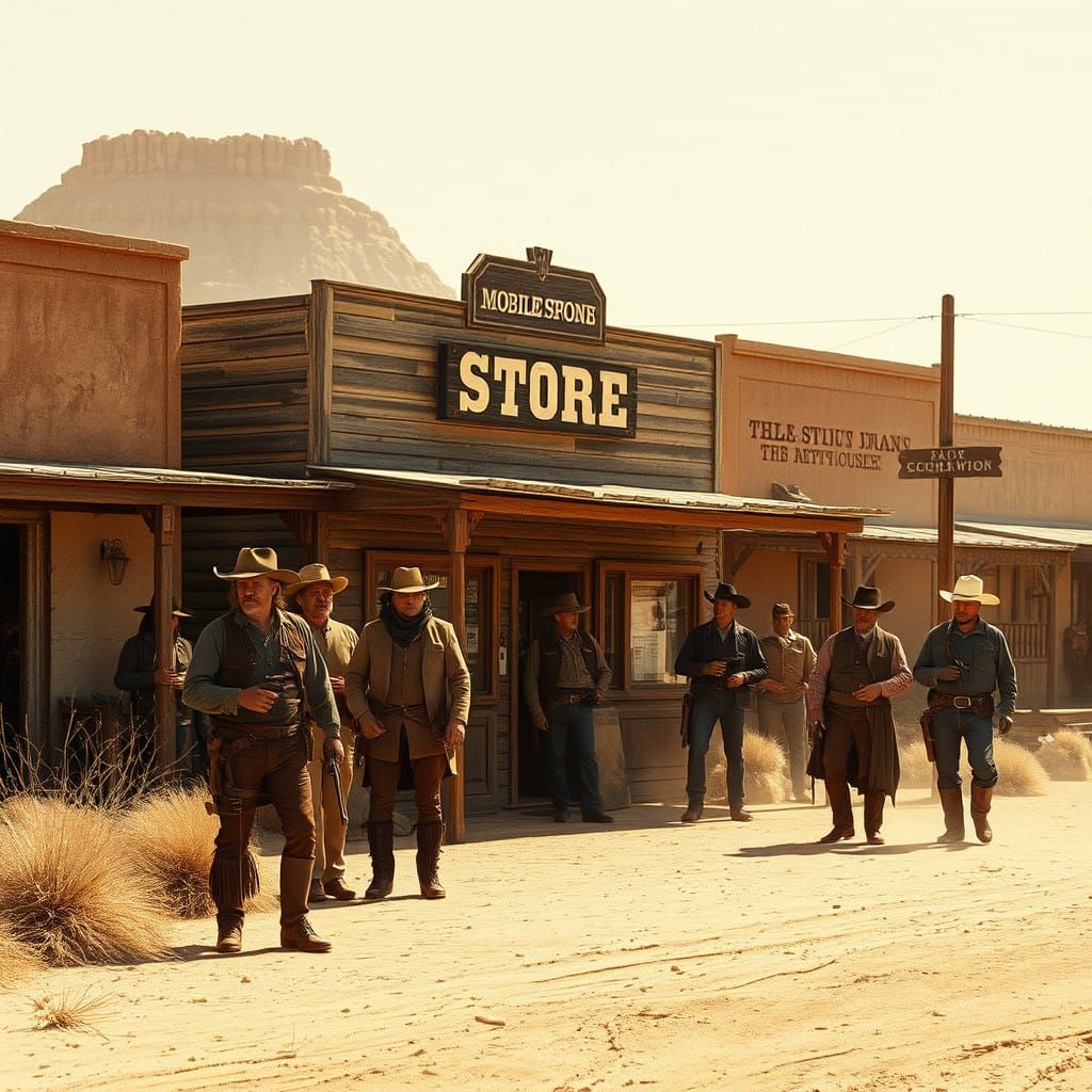 Wild West Cowboys Mingle in a Dusty Town with a Vintage Mobi...