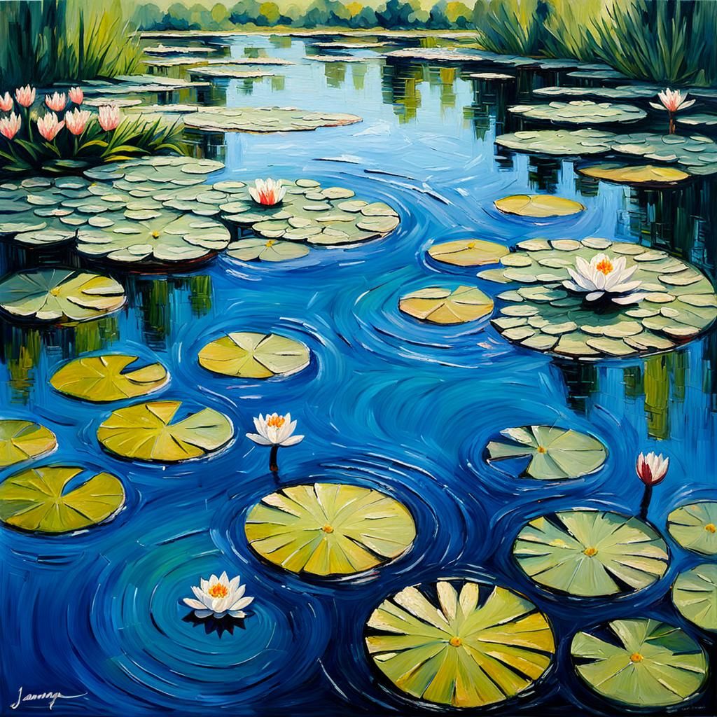 Impasto Water Lily Pond Painting