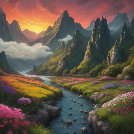 Fantasy Landscape with Cloaked Figure at Sunset