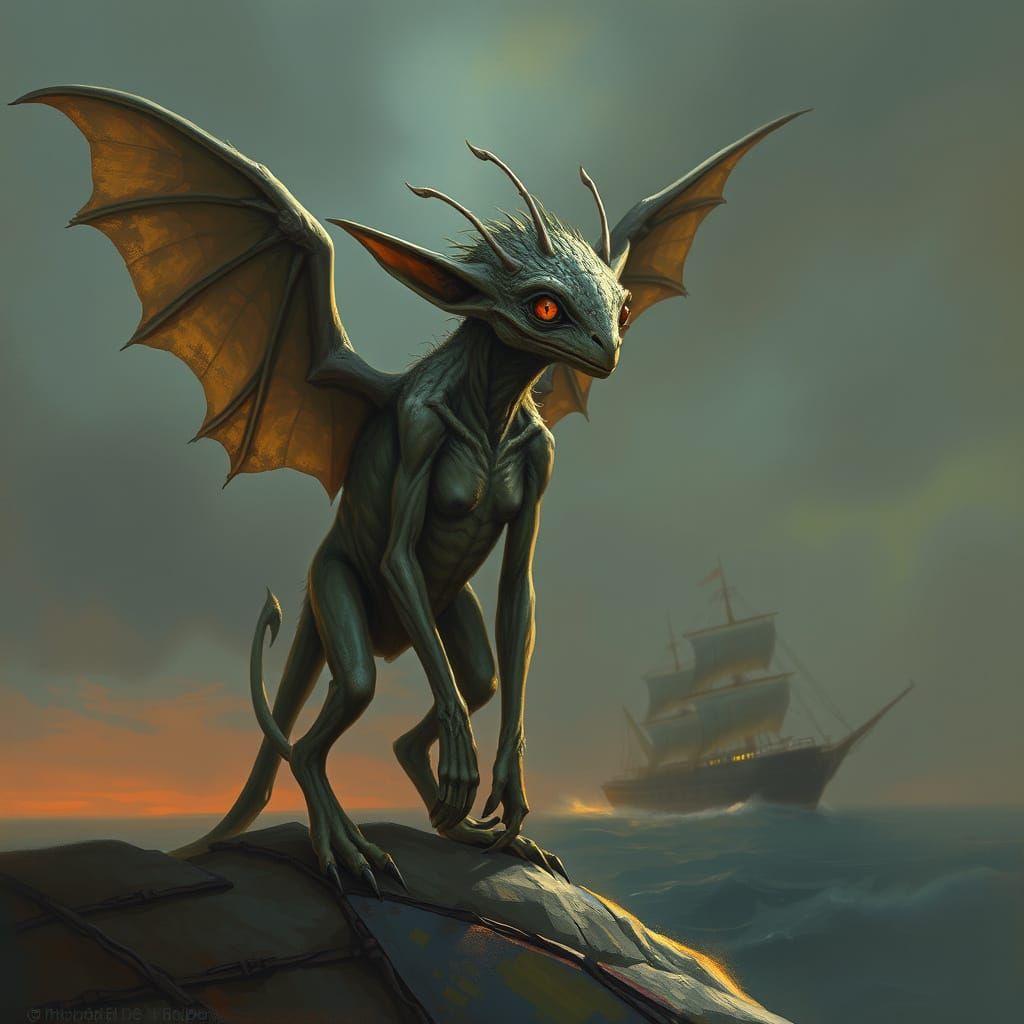 Fairy-like Creature Watching Ships at Sea