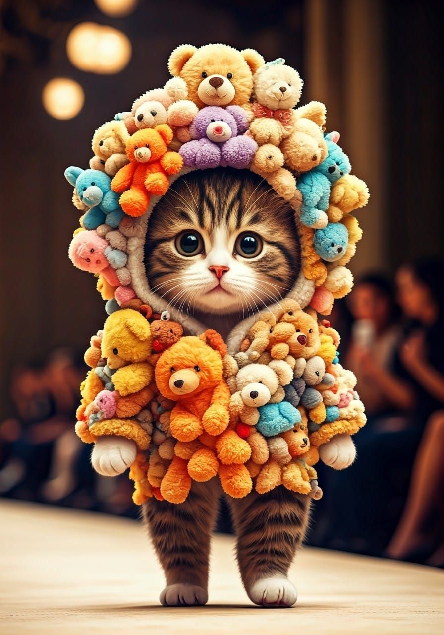 Baby Cat in Plush Outfit on Runway