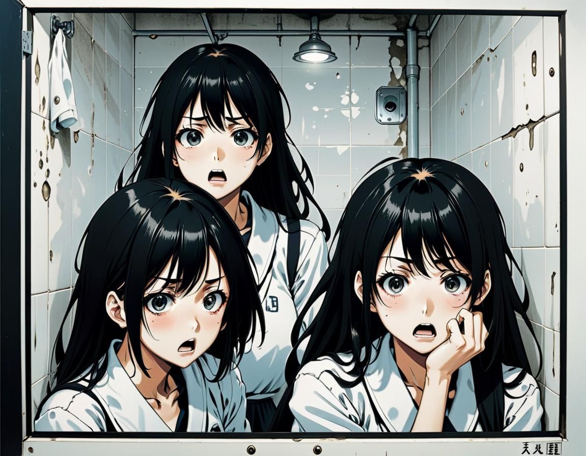 Three distressed highschool girls in a claustrophobic white bathroom by Yoshitoshi Abe manga panel, dramatic,
