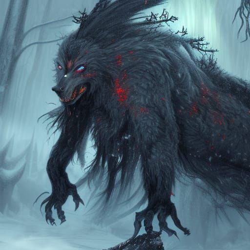 Gothic Werewolf Overlord in Snowy Forest, Digital Art
