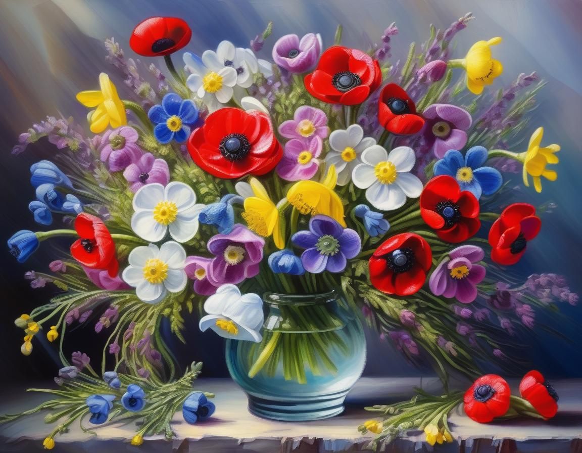 Vivid Oil Painting of a Floral Bouquet with Tartan Bow
