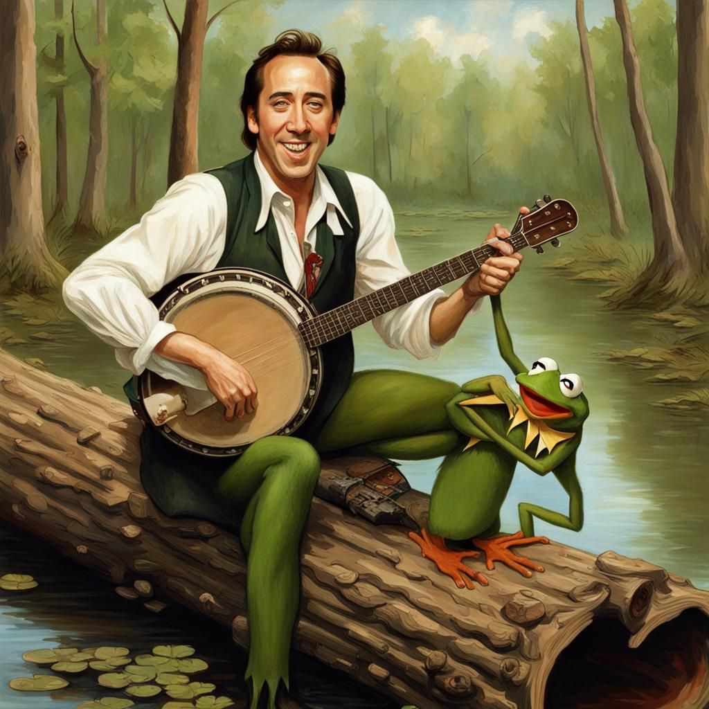 Banjo Serenade: Man and Frog Duet in Rockwell Style