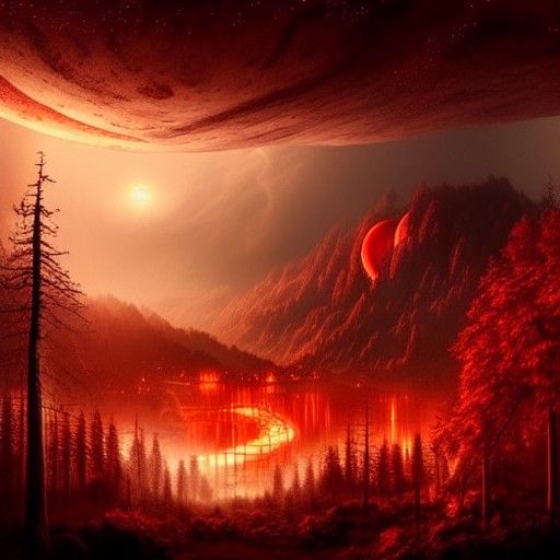 Glowing Red Town in Forest at Dawn