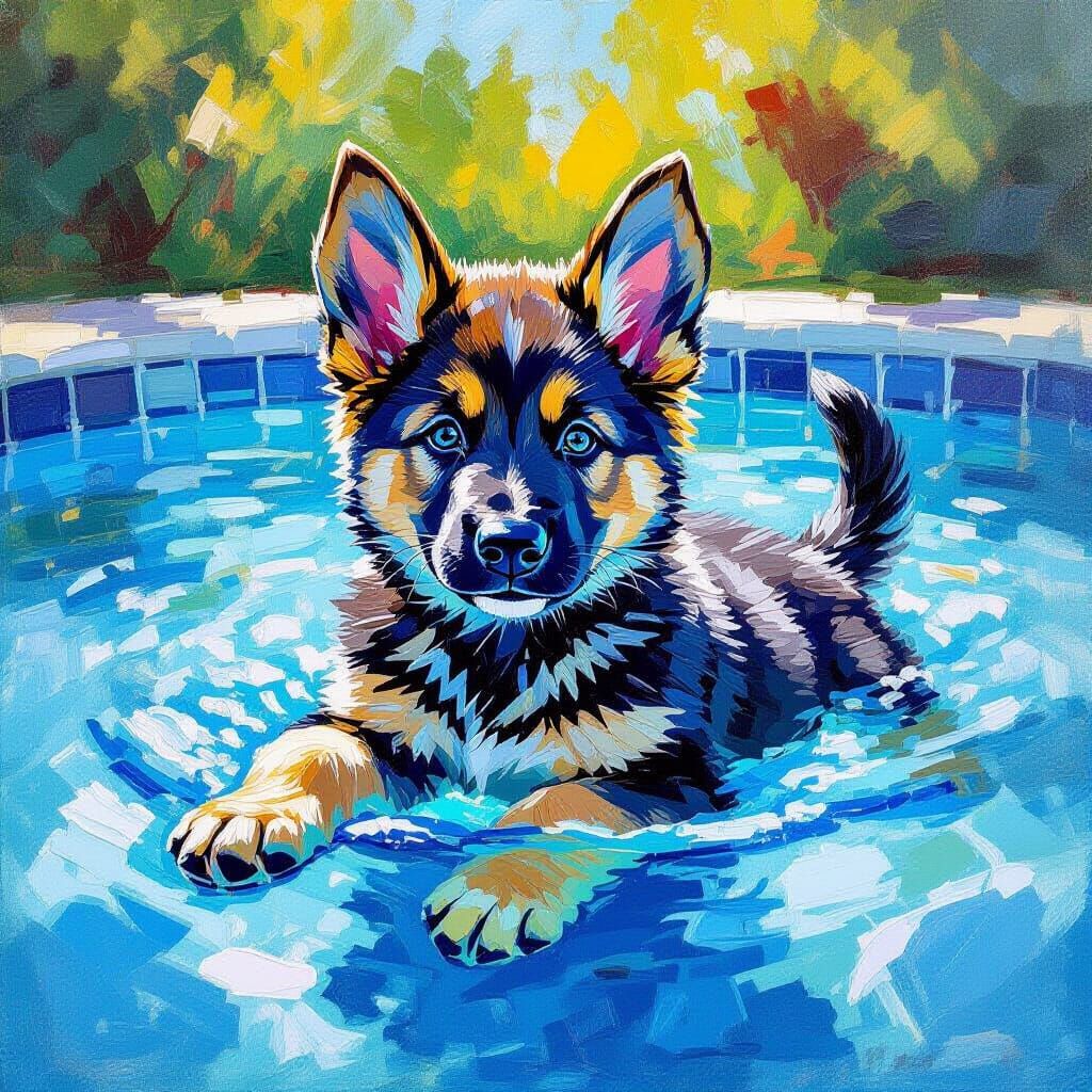 Cute German Shepherd Puppy Swimming in Pool Oil Painting