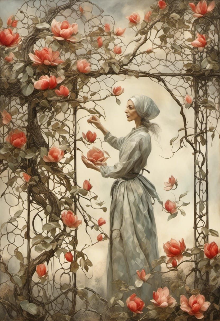 Surrealist Garden Scene with Woman, Ink Outline