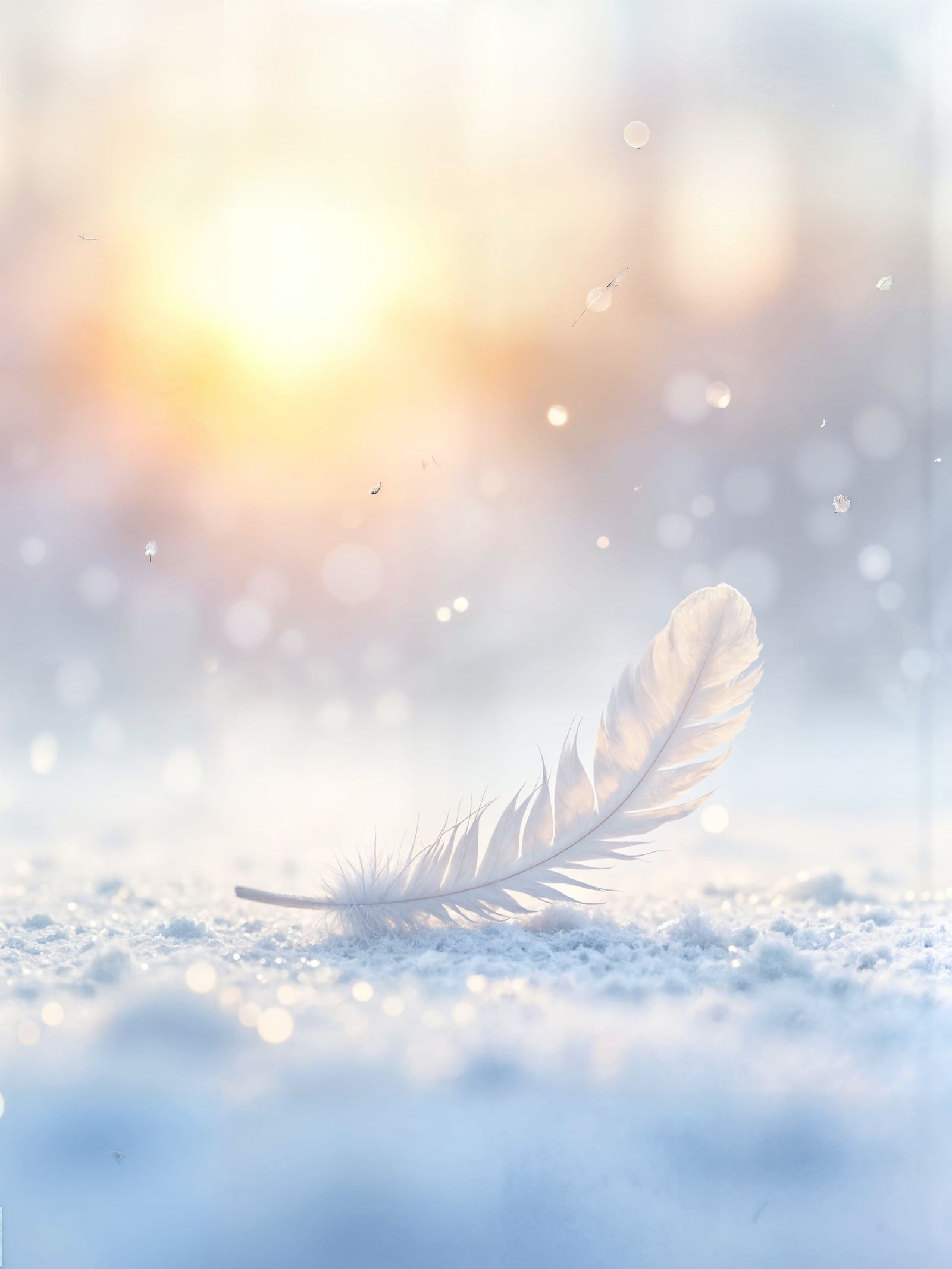White Feather Drifting in Pastel Sunrise Snow