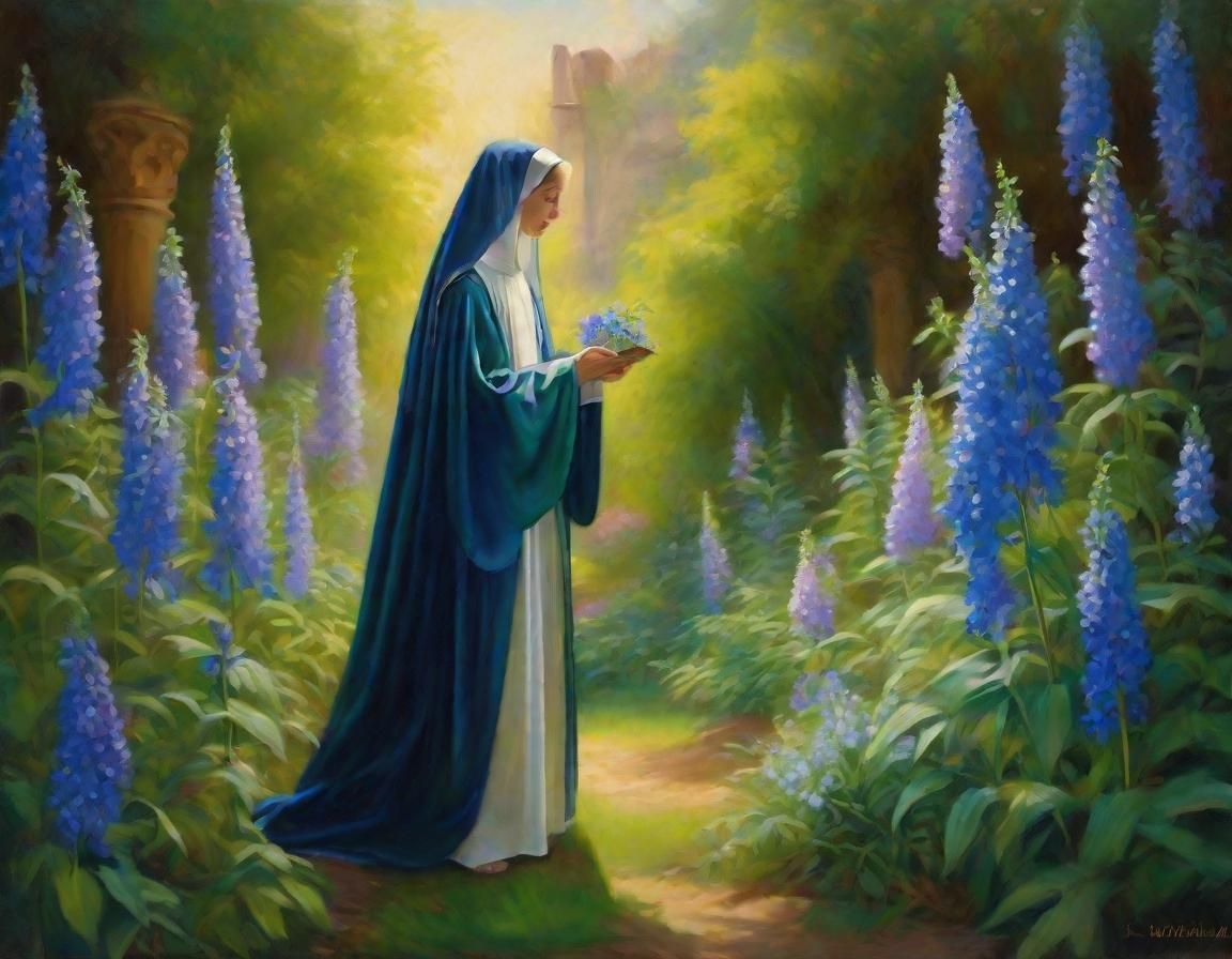 Serene Nun Tends to Lush Monastery Garden in Whimsical Fanta...