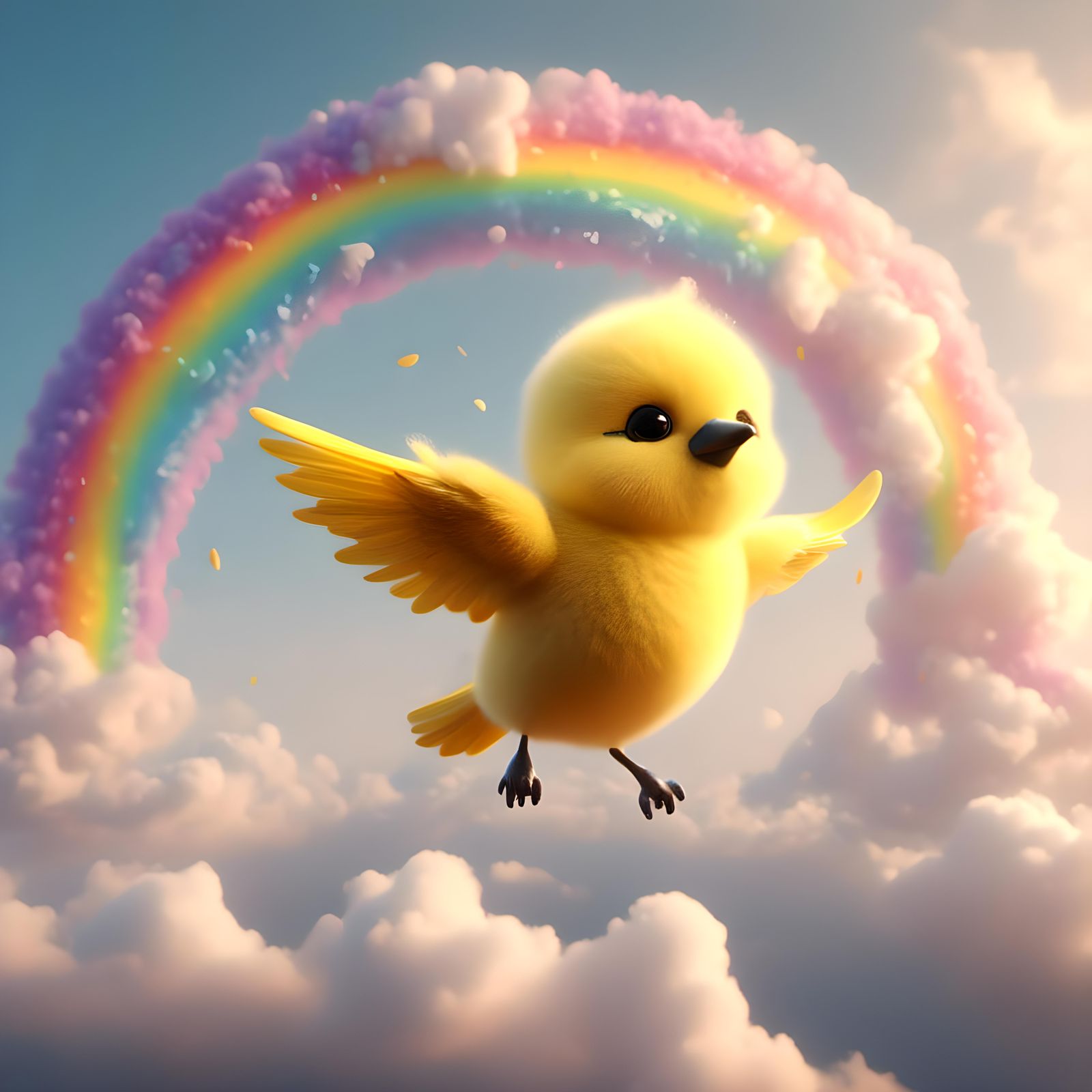 Fluffy Yellow Bird Flies Over Rainbow: 3D Render