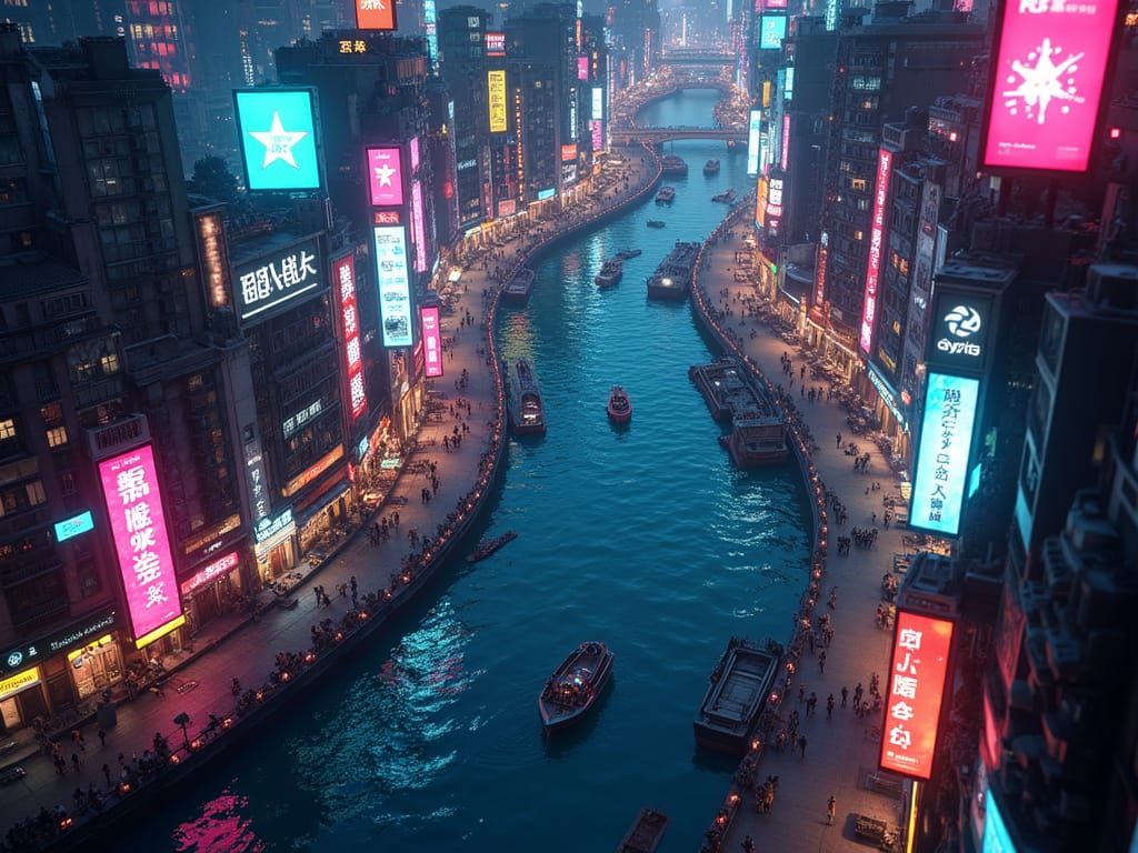 Cyberpunk Cityscape with Winding River in Digital Painting