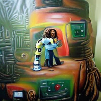 Bob Marley Hugging a Robot: Oil Painting